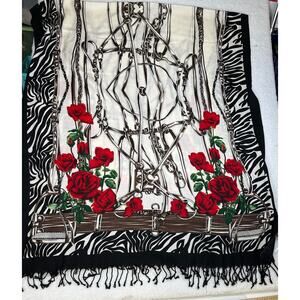 Dana Xu 100% Wool Pashmina Oversized Fringed Shawl Equestrian Roses Zebra 92‎ in